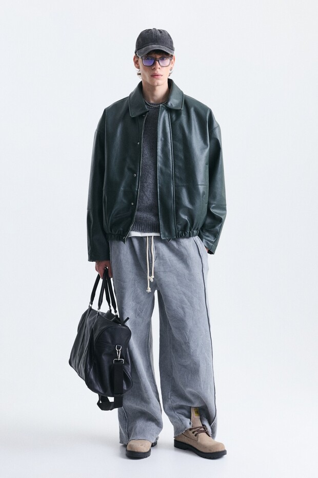 Loose-Fit Polo Collar Faux Leather Jacket