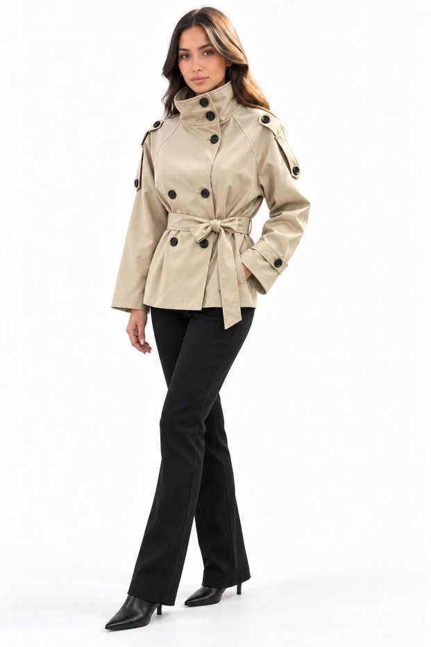Women's Beige Mock Neck, Epaulet, Button-Front, Lined, Belted Short Trench Coat
