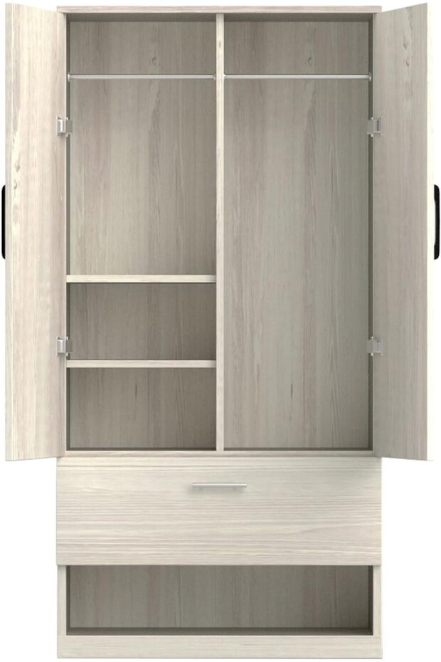 Wardrobe with 1 Doors, and Open Shoe Rack, Hanging Rod and 2 Compartments, Wooden Closet Storage Cabinet for Bedroom, Living Room - Cascina Pine