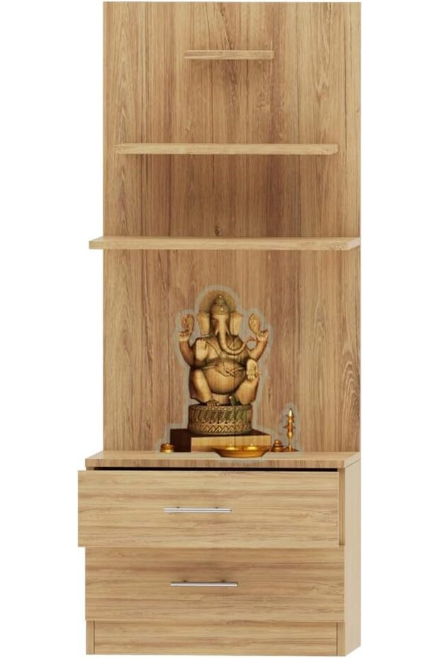 Modern home Wooden Mandir, Temple with 2 Drawers for Storage Pooja Essentials and 3 Shelves for God Statue Sturdy Steel Legs Ideal for Home, Office, Temple - Brown Kansas Oak