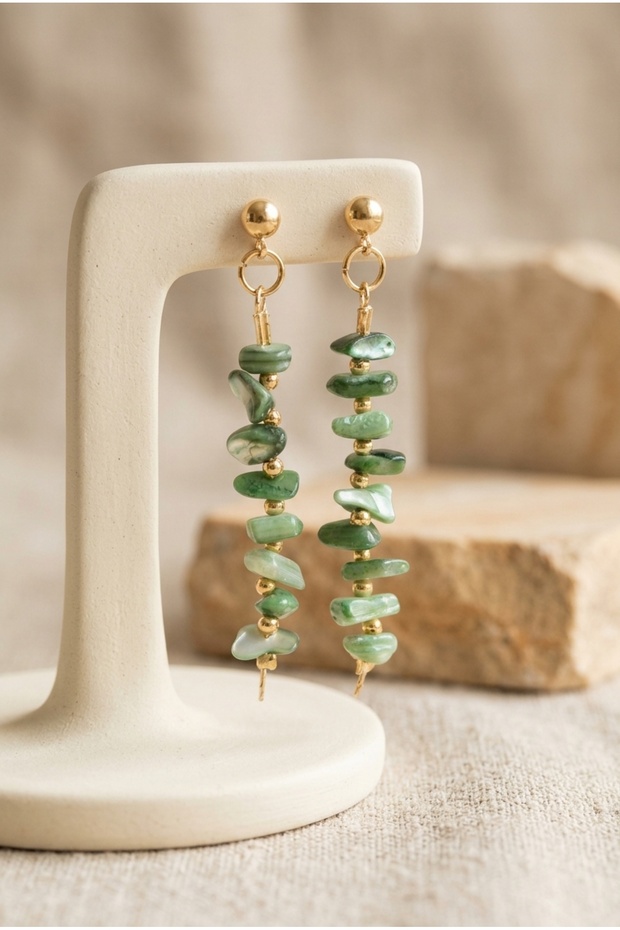 Handmade Dangle Earrings with Natural Stone Chips—Special Design