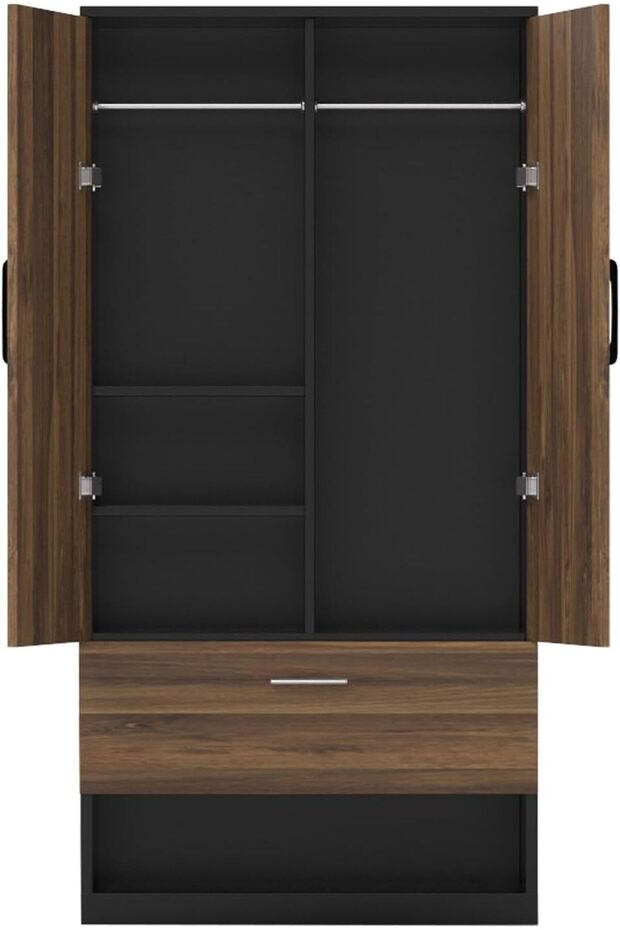 Modern home Wardrobe with 1 Doors, and Open Shoe Rack, Hanging Rod and 2 Compartments, Wooden Closet Storage Cabinet for Bedroom, Living Room - Dark Hunton Oak and Lava Grey