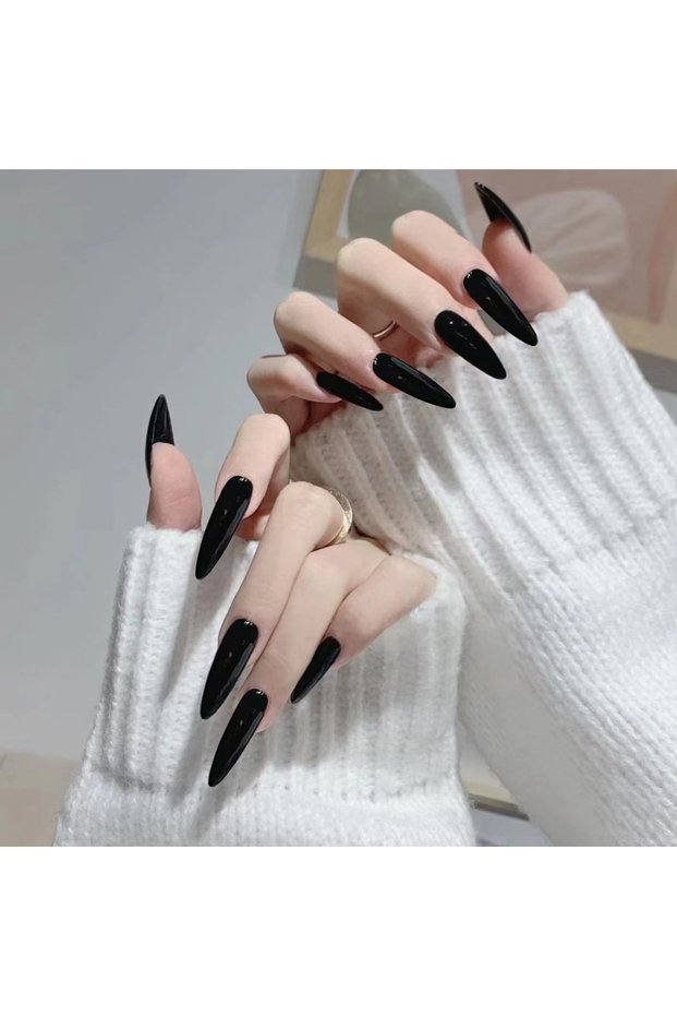 Style 4 24pcs Long Pointed Fake Nail Patches Glossy Dark Black Cool Wearable Press ON Nails Solid Co