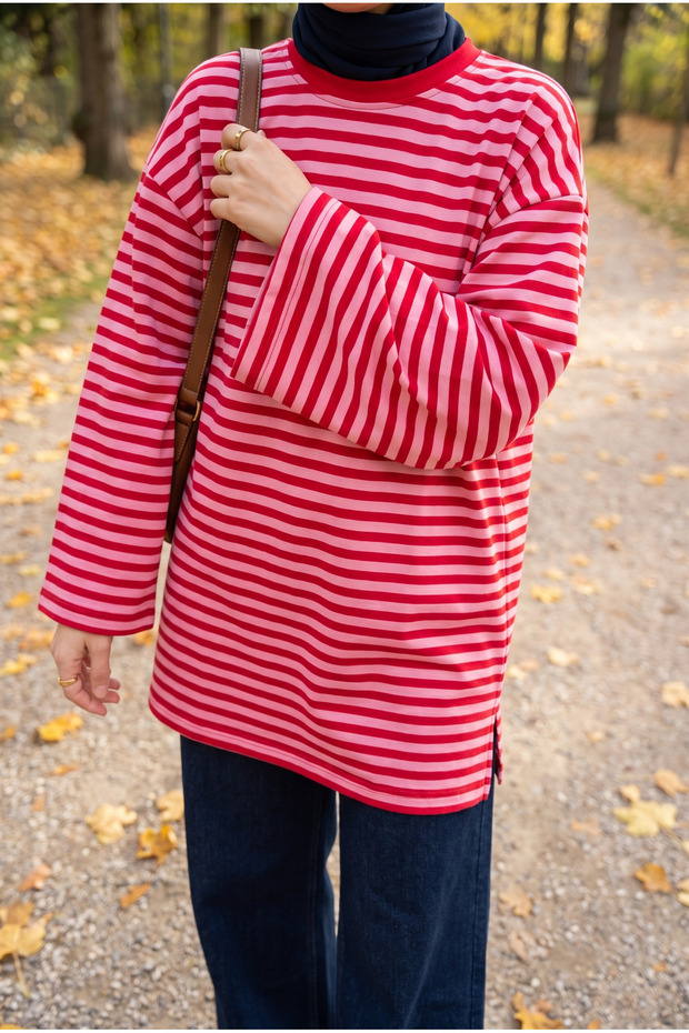 Women's Crew-Neck Striped Oversized Modest Sweatshirt Tunic, 75 cm