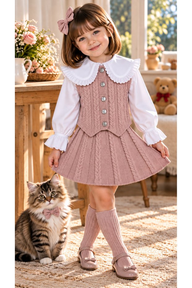 4-Piece Set for Girls Featuring a Braided Knit Vest and a Shirt with a Flared Skirt