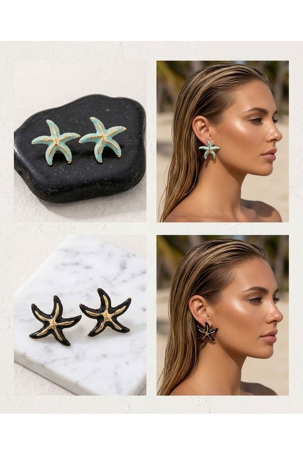 Enameled Starfish Steel Earrings