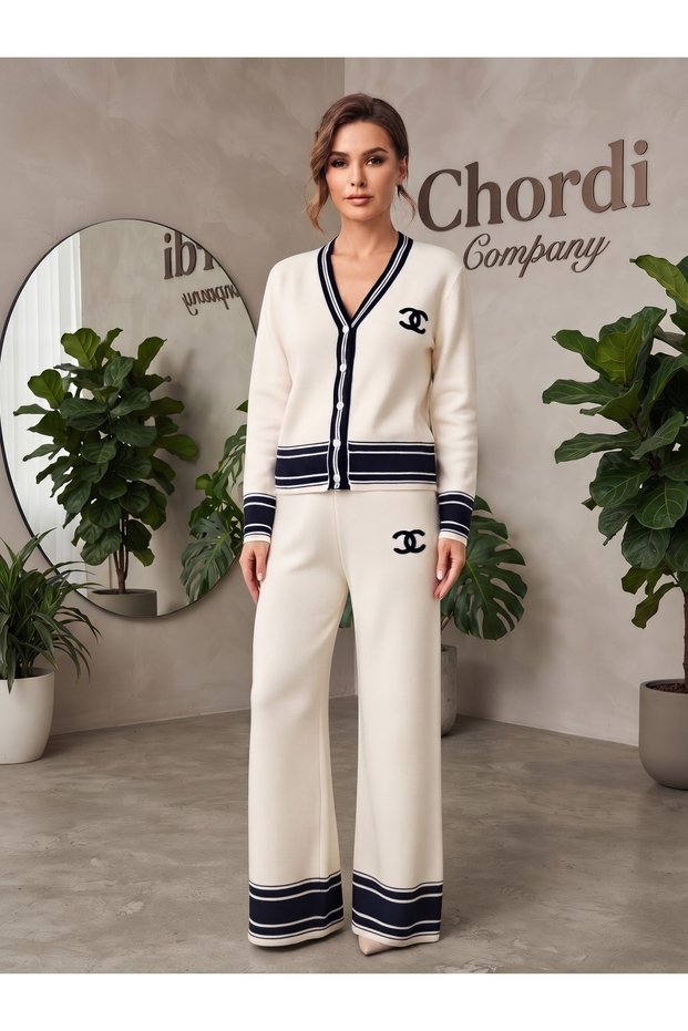 Women's Gold-Buttoned Striped Pants and Cardigan Knit Set
