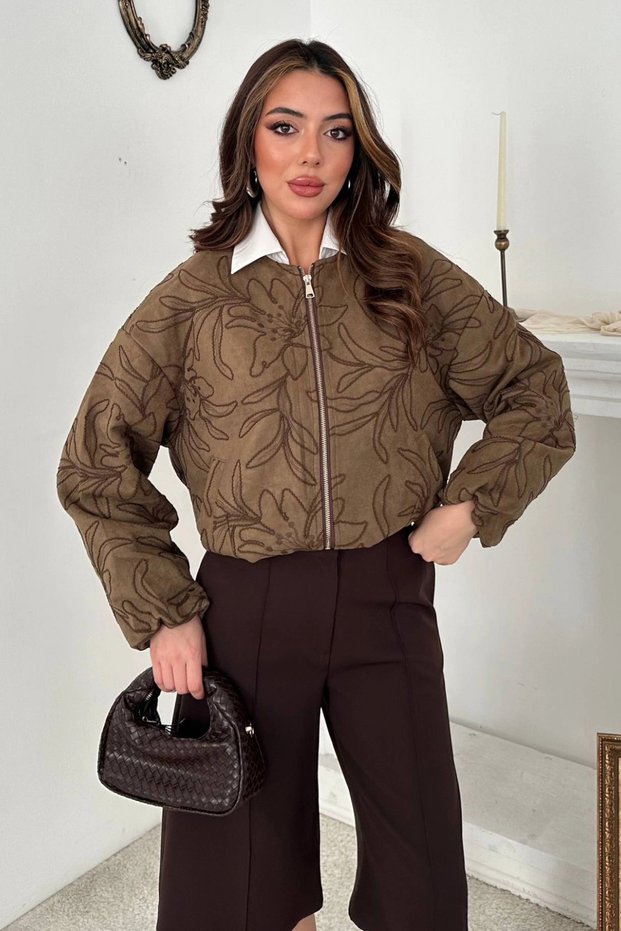 Women's Suede Jacket with Green Embroidery