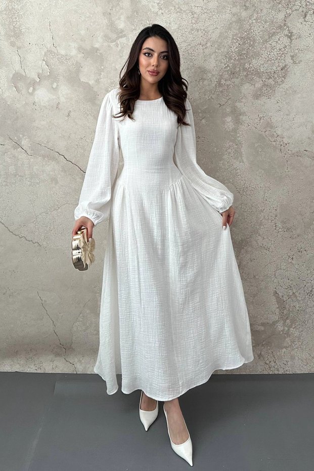 Women's White Skirted, Ruched, Lined, Long-Sleeved Cotton Dress