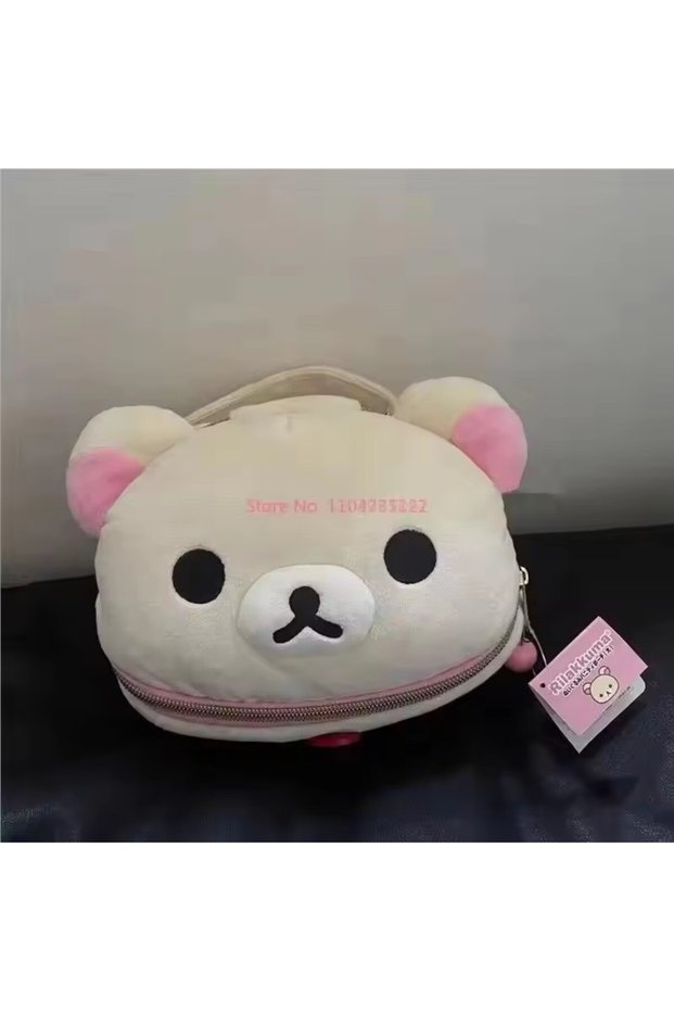White New Cute Rilakkuma Bear Girl Plush Elliptical Stereoscopic Makeup Bag Portable Storage Bag Cut