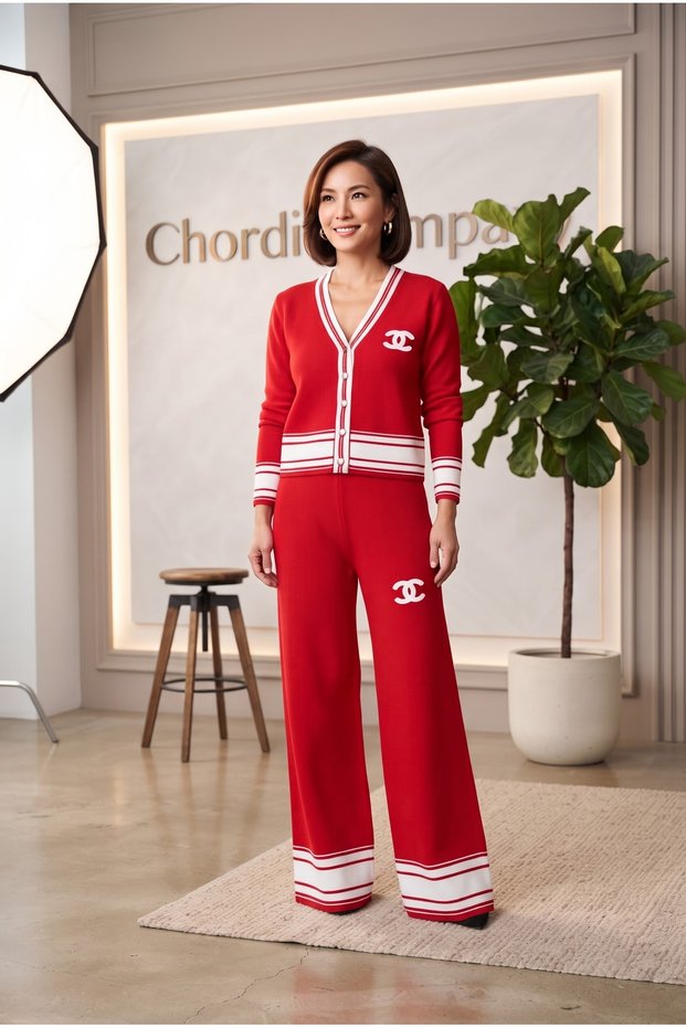 Women's Gold-Buttoned Striped Pants and Cardigan Knit Set