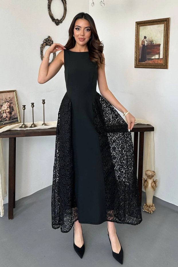Women's Black Side-Slit Dress with Lace, Stretch Fabric, and Lined Construction
