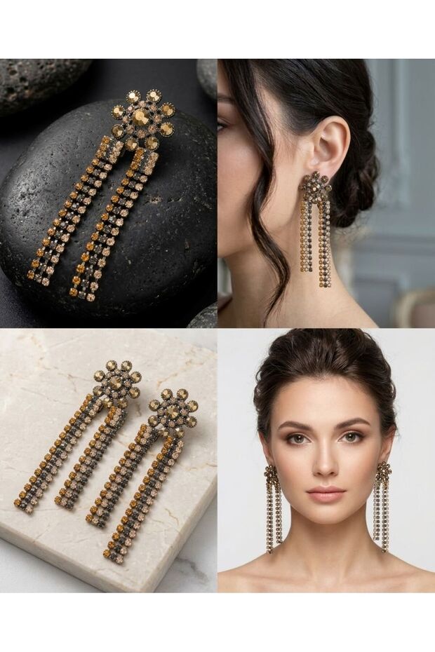 Zircon Stone Earrings with Dangling Flower Details