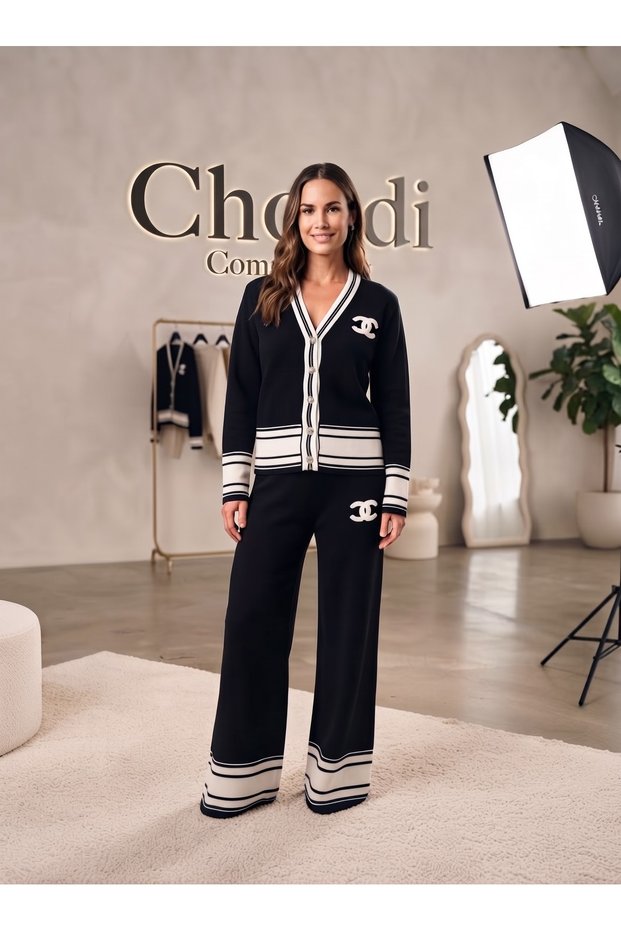Women's Gold-Buttoned Striped Pants and Cardigan Knit Set