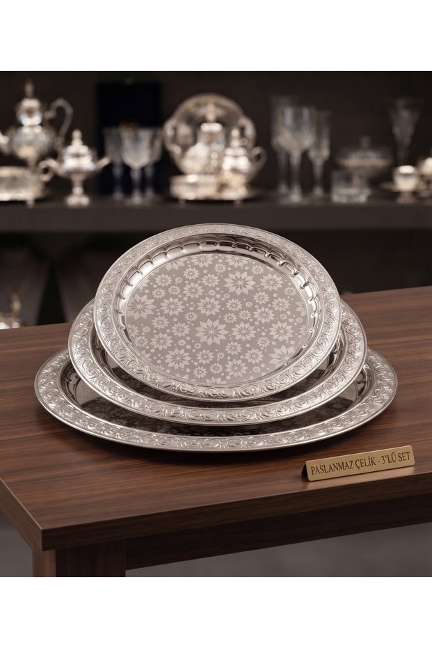 Luxury Steel 2-Piece Tea Tray Set | Round Coffee and Serving Tray with Daisy Pattern (36–40 cm)