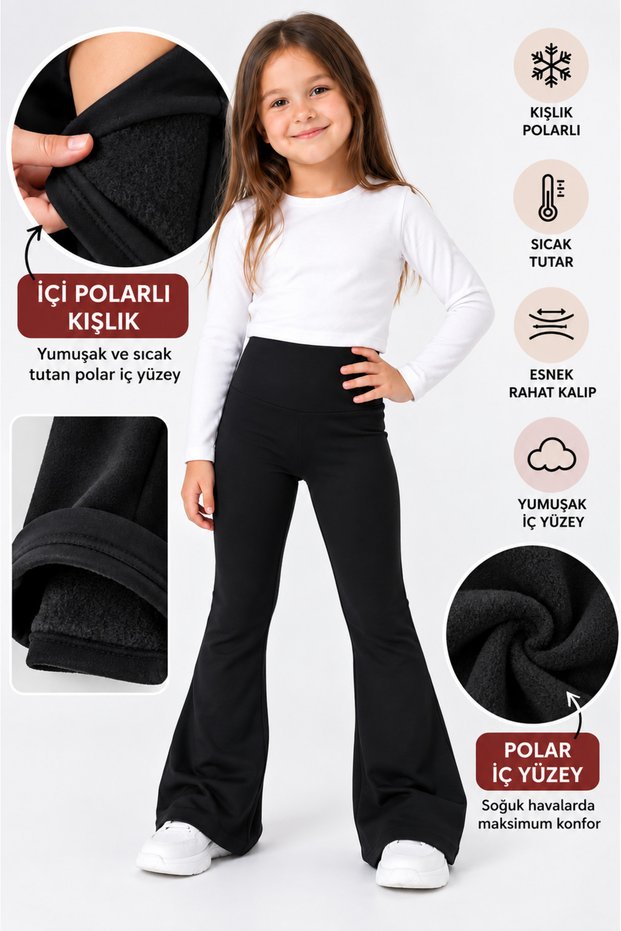 Girls' Black, Slightly Shiny, Regular-Fit Casual Sports Leggings – Stretchy PRO Flared-Leg, Fleece-Lined Winter Leggings