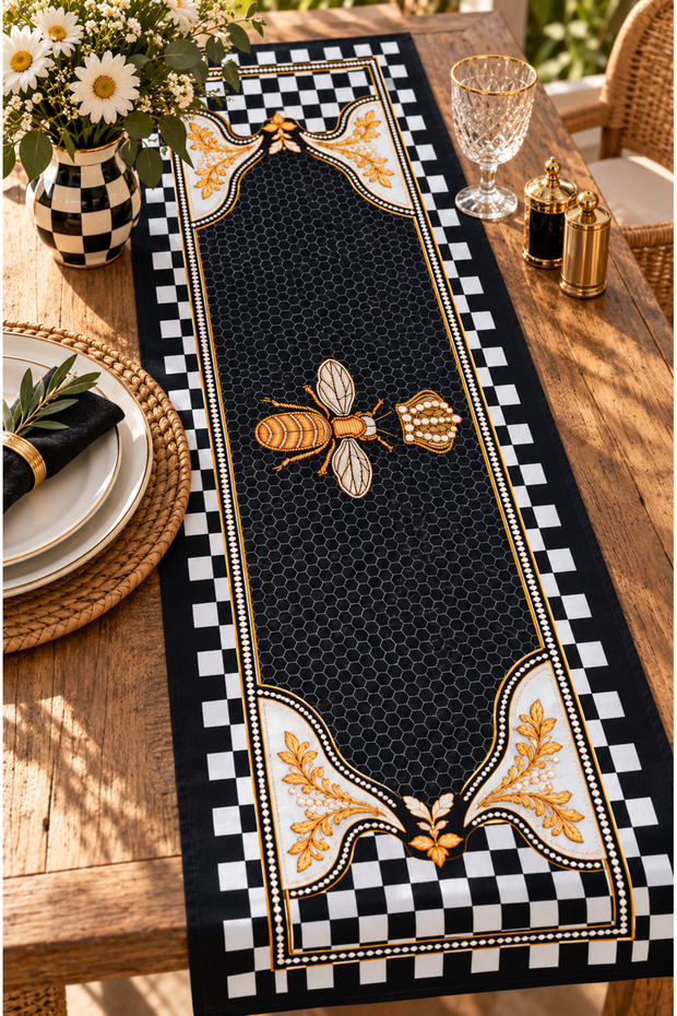 Bee-Patterned Table Runner | Decorative Table Runner | Black-and-White Checkered Pattern | 40x140 cm
