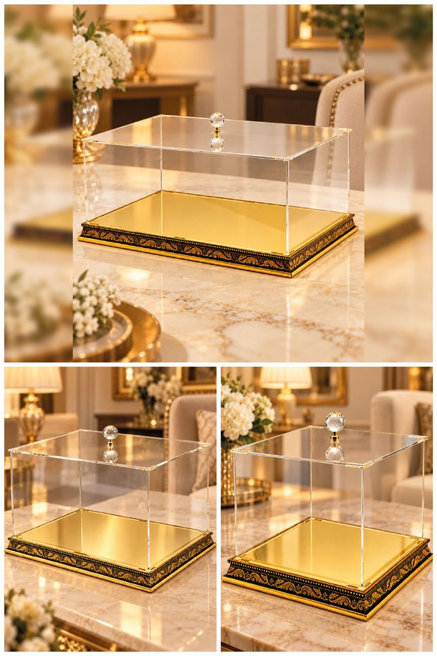 3-Piece Set of Clear Plexiglass Wedding Trousseau Boxes with Gold Embroidery—Large, Medium, and Small Sizes—Engagement, Wedding Vows, Bride and Groom Gift Boxes, Includes a Prayer Counter and Prayer Beads as Gifts