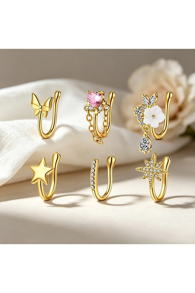 D Geometric Face Nose Rings & Studs 6pcs Exquisite U-Shaped Fake Nose Rings, Adjustable Non-Piercing