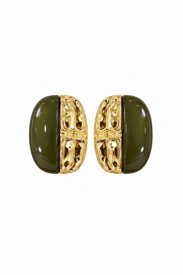 Vesper Gold Detailed Steel Earrings - Khaki Green