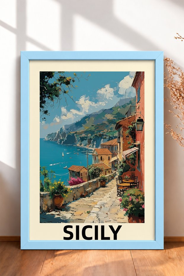 Stone Pathway Framed Painting on Sicilian Coast Italy Poster Living Room Kitchen Wall Decor Itp011