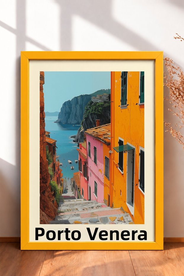 Porto Venere Street with Stairway Descending to the Sea Framed Painting Italy Poster Wall Decor Itp039