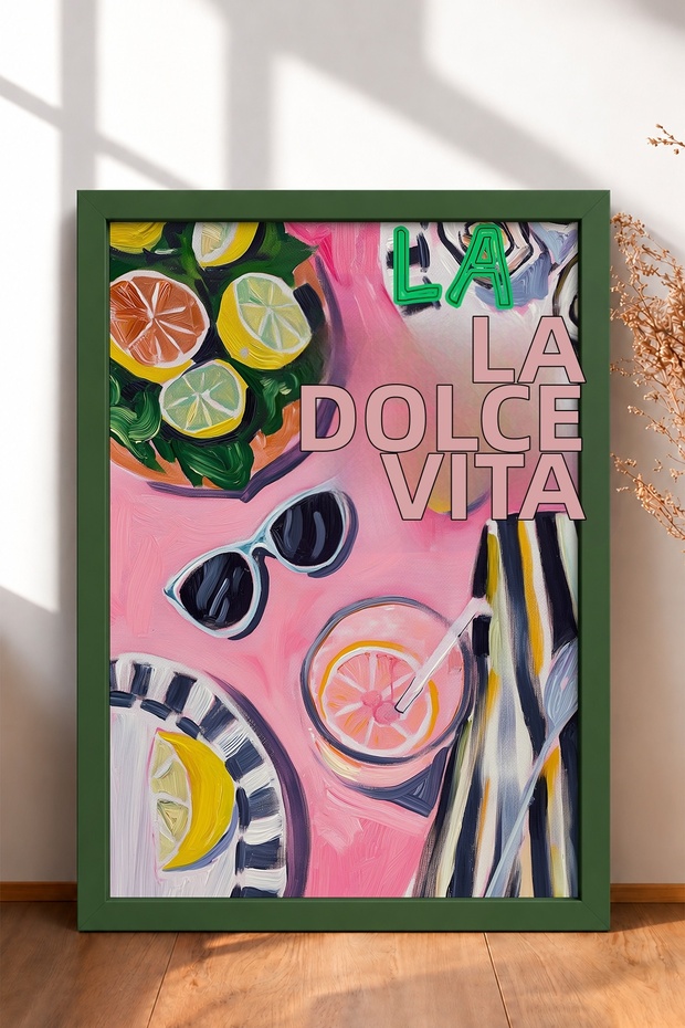 La Dolce Vita Written Pink Tableware Framed Painting Italy Poster Living Room Kitchen Wall Decor Itp004