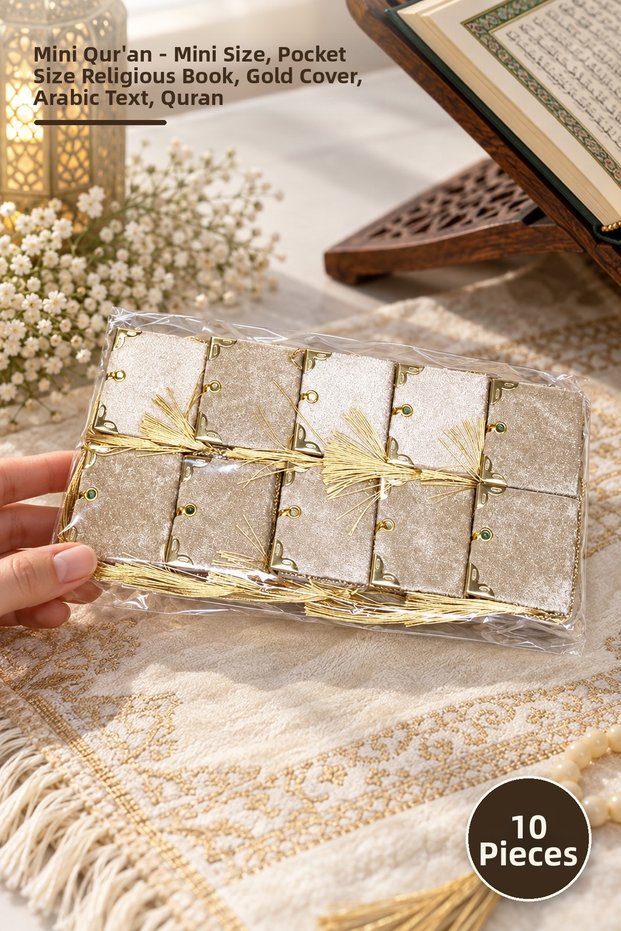10 Pieces of Raw Mini Size Holy Quran – Mini Size, Pocket Size Religious Book, Gold Cover, Arabic Text, Quran, Koran