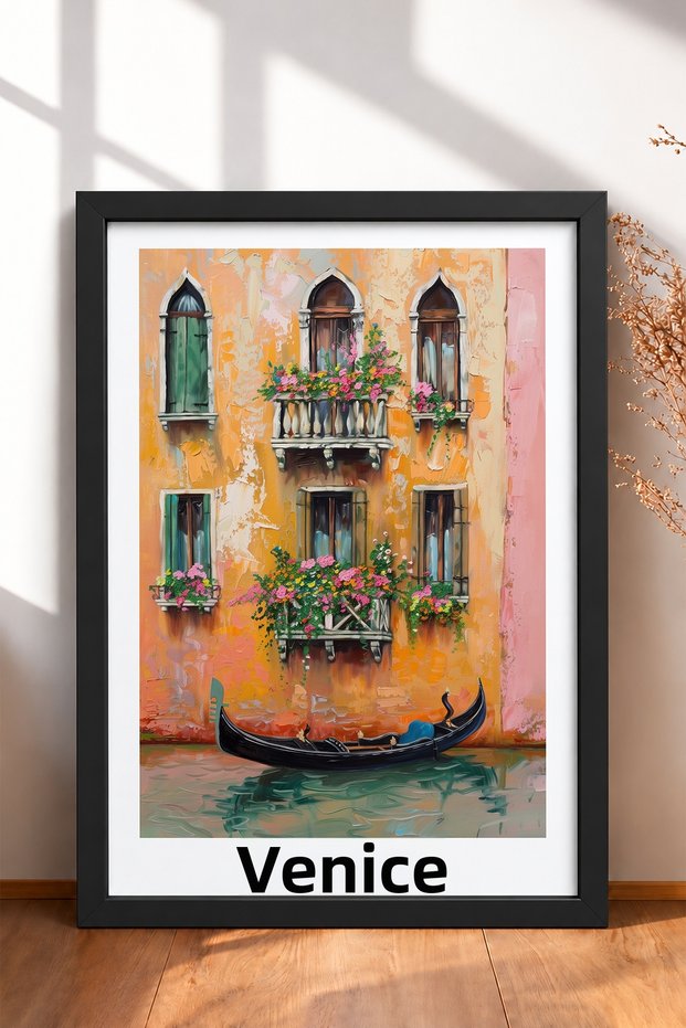 Venice Floral Balcony and Gondola Framed Painting Italy Poster Living Room Kitchen Wall Decor Itp041