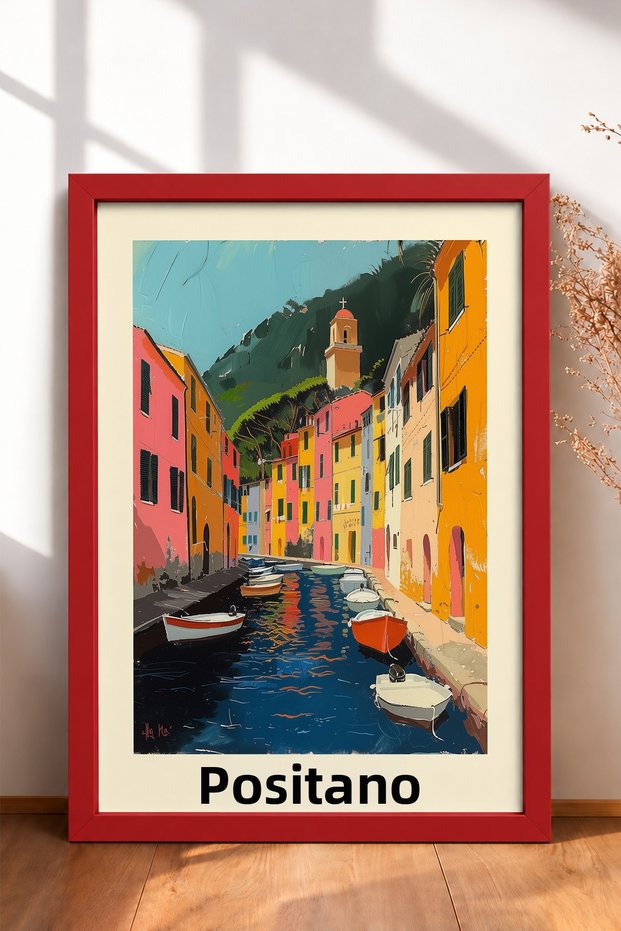 Positano Navy Blue Kayaks in the Channel Framed Painting Italy Poster Living Room Kitchen Wall Decor Itp037