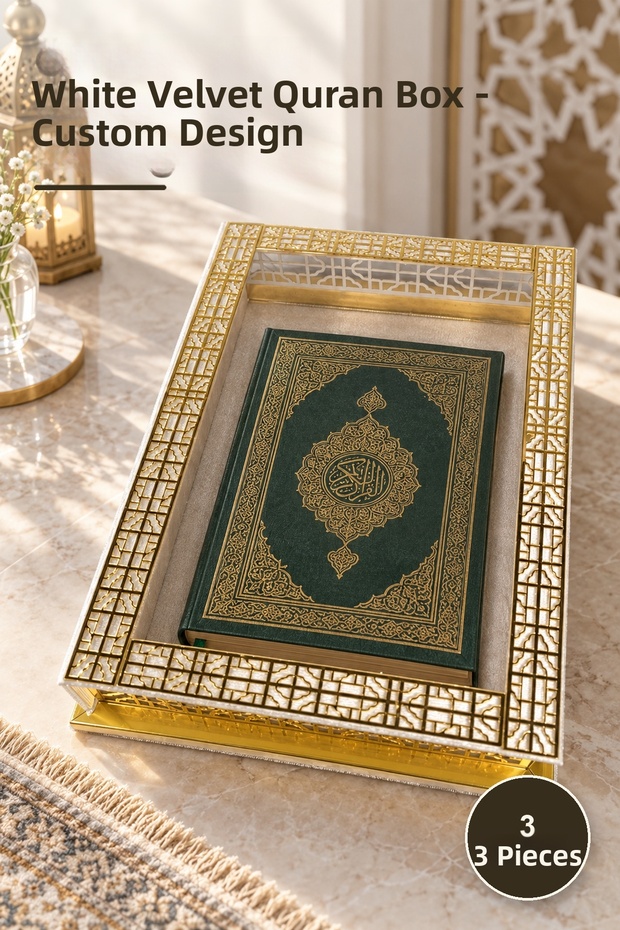 3 Pieces of Specially Designed Velvet Quran Chests, White