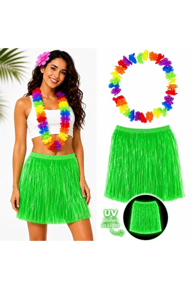 Neon Green Hawaiian Skirt 40 cm and Colorful Hawaiian Necklace