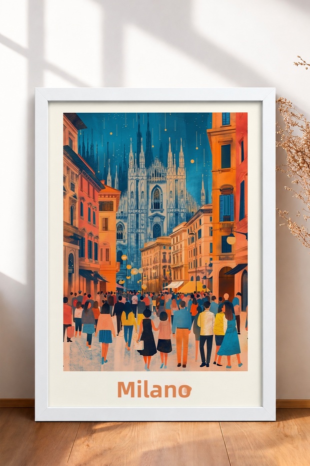 Milano Cathedral Street with Stretched Lamp Post Framed Painting Italy Poster Wall Decor Itp050