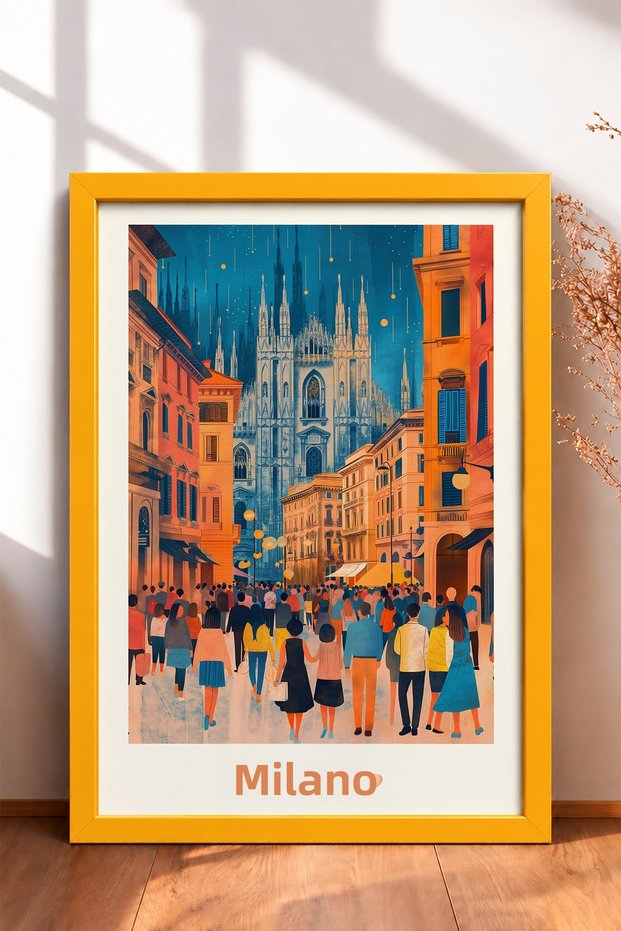 Milano Cathedral Street with Stretched Lamp Post Framed Painting Italy Poster Wall Decor Itp050