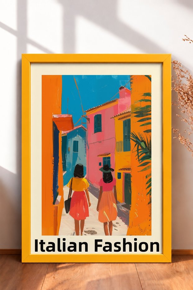 Fashion Italiana Two Women on the Street Written Framed Painting Italy Poster Wall Decor Itp067