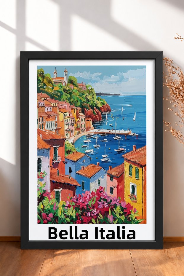 Beautiful Italy Sailing Boat Port and Flowers Framed Painting Italy Poster Wall Decor Itp065