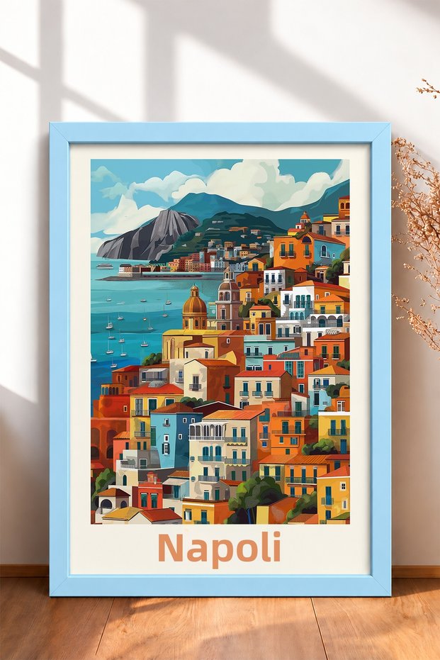 Naples Bay and Colorful Houses Framed Painting Italy Poster Living Room Kitchen Wall Decor Itp062