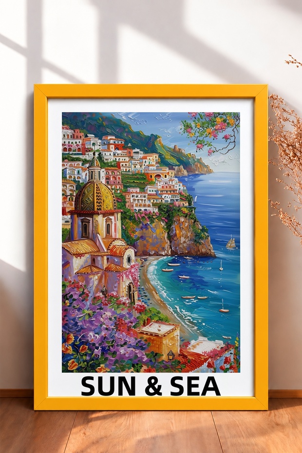 Sole & Mare, Coastal Town with Written Text, Framed Painting, Italy Poster, Living Room, Kitchen, Wall Decor, Itp096.