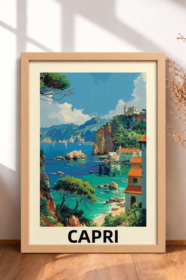 Capri, Dark and Turquoise Sea, Framed Painting, Italy Poster, Living Room, Kitchen, Wall Decor, Itp093.