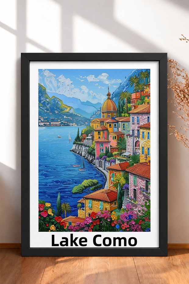 Lake Como, Kubbeli Church, and Sailors – Framed Painting, Italy Poster, Wall Decor, Itp091.