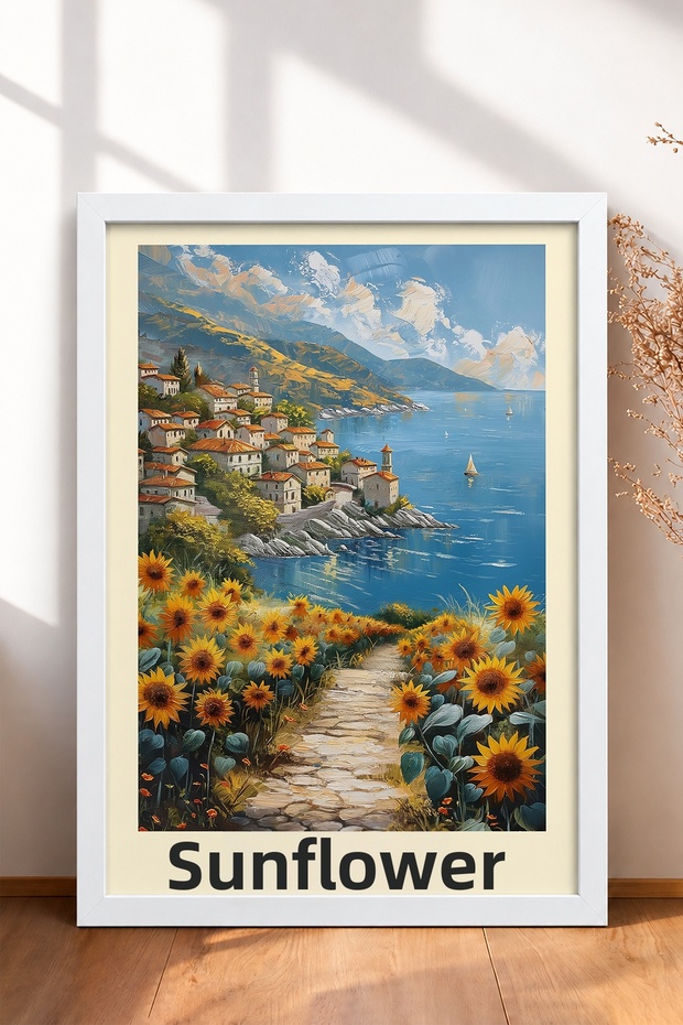 Sunflower Path and Seaside Framed Painting, Italy Poster, Living Room, Kitchen, Wall Decor, Itp104.