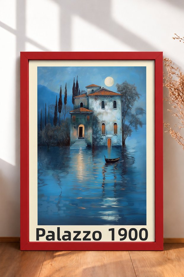 Palazzo 1900, Ay Işığında Sudaki Villa, Framed Painting, Italy Poster, Wall Decor, Itp110.