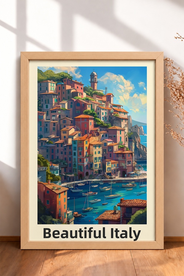 Bella Italia, Port City, Framed Painting, Italy Poster, Living Room, Kitchen, Wall Decor, Itp122.