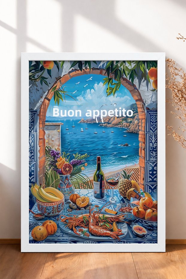 Buon Appetito, Chinese Belt and Shrimp, Framed Painting, Italy Poster, Wall Decor, Itp132.