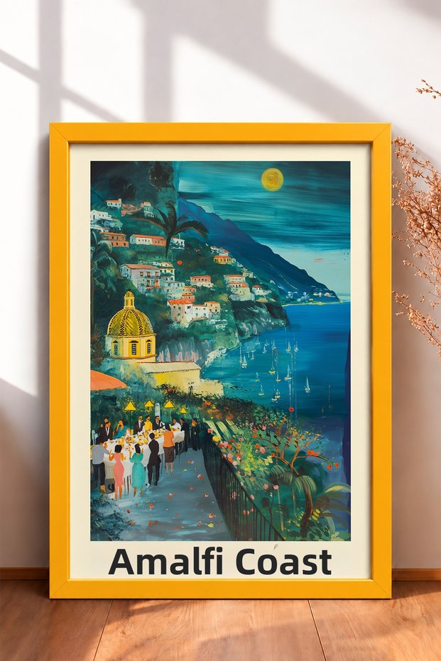 Costiera Amalfitana Dining by the Light of the Moon Framed Painting Italy Poster Wall Decor Itp131