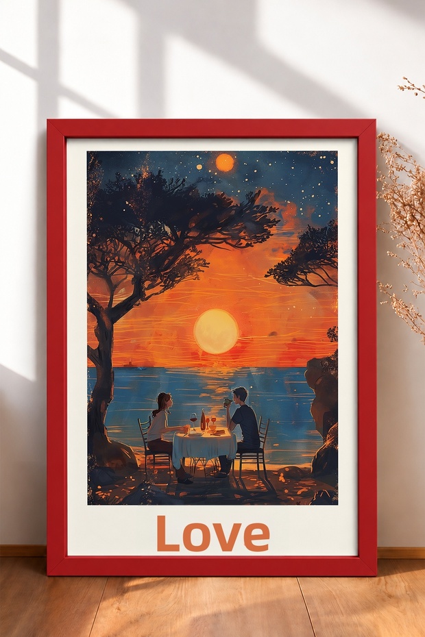 Romantic Double-Frame Painting with the Words "Amore" at Sunset, Italy Poster, Wall Decor, Itp086.