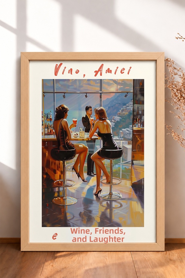 Vino Amici and Trallalla – Framed Painting with Text, Italy Poster, Wall Decor, Itp130.