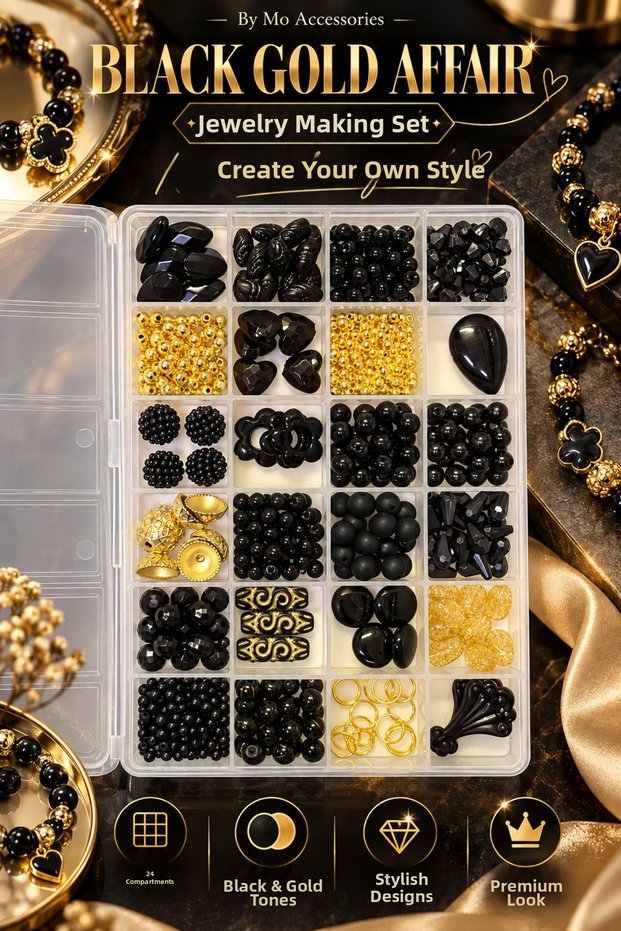 🖤✨ black gold affair 24-compartment jewelry making set – black and gold colored beads, crystals, and flower-shaped pendant, bracelet, and earring design kit – includes a silicone band as a gift 👑