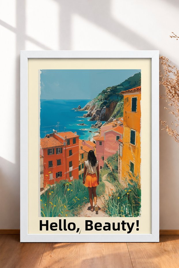 Ciao Bella, Women's Framed Painting, Coastal Trail, Italy Poster, Wall Decor, Itp168.