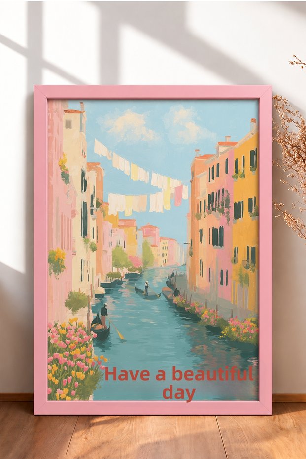 Bella Giornata, Canal and Gondolas Framed Painting, Italy Poster, Wall Decor, Itn015.